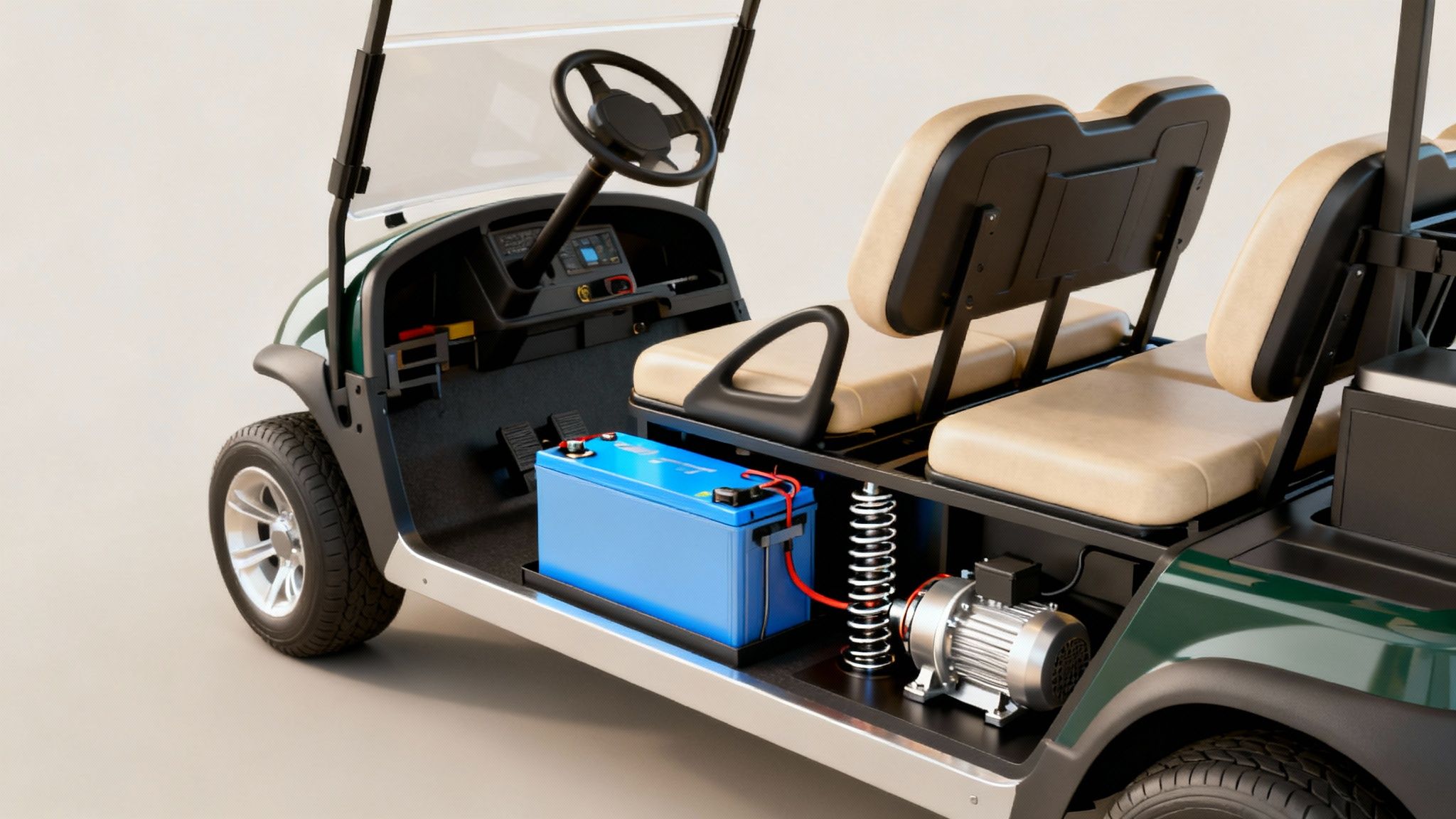 Detailed view of a green electric golf cart's engine, blue battery, and tan interior.
