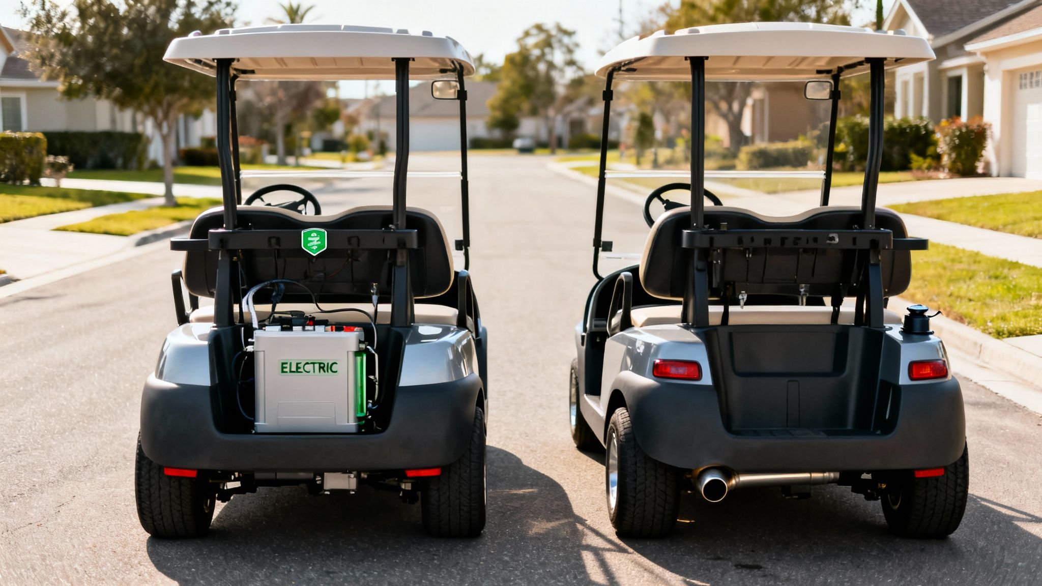 Rear view of electric and gas golf carts side-by-side on a sunny suburban street.