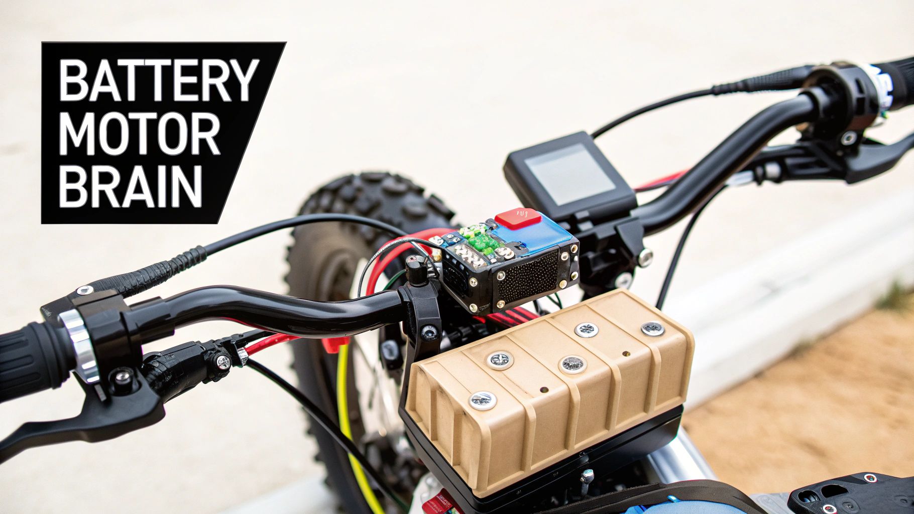 Close-up of electric dirt bike handlebars featuring control modules, screen, and a tan battery case.