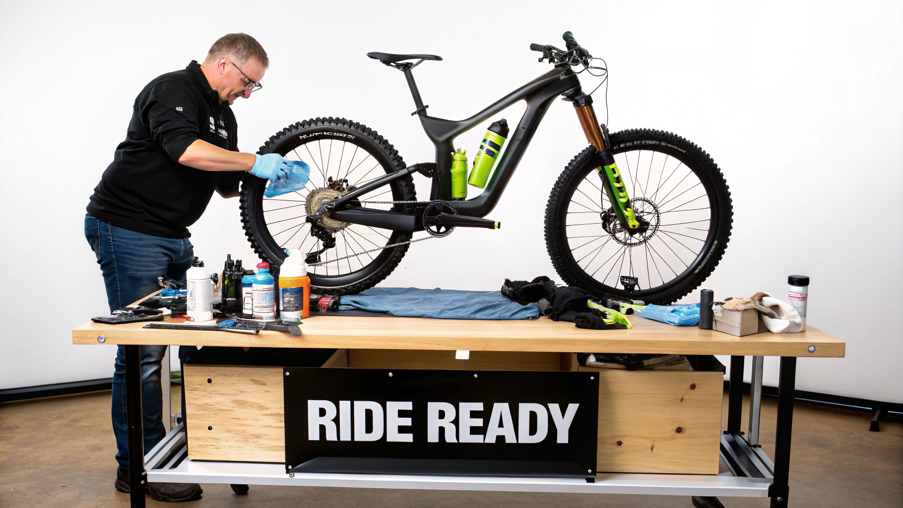 A man in blue gloves cleaning a black mountain bike on a wooden workbench with tools and supplies.