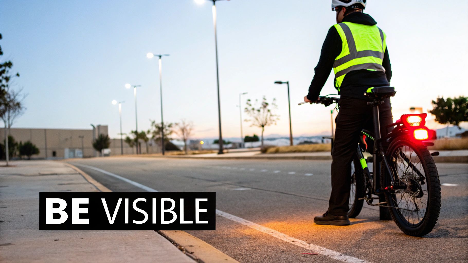 Cyclist wearing high-visibility yellow vest riding bike with red rear light at dusk for safety