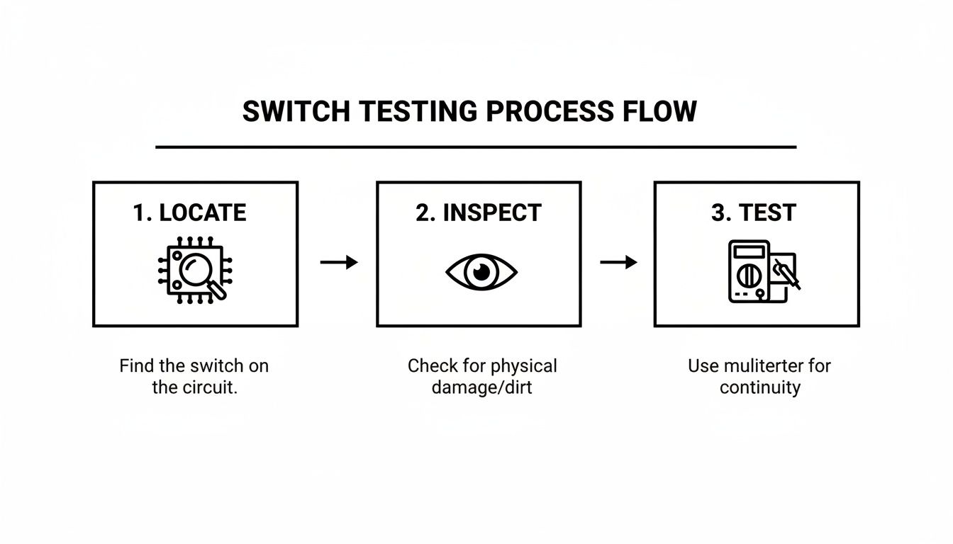 A three-step process flow for switch testing: locate, inspect, and test with a multimeter.