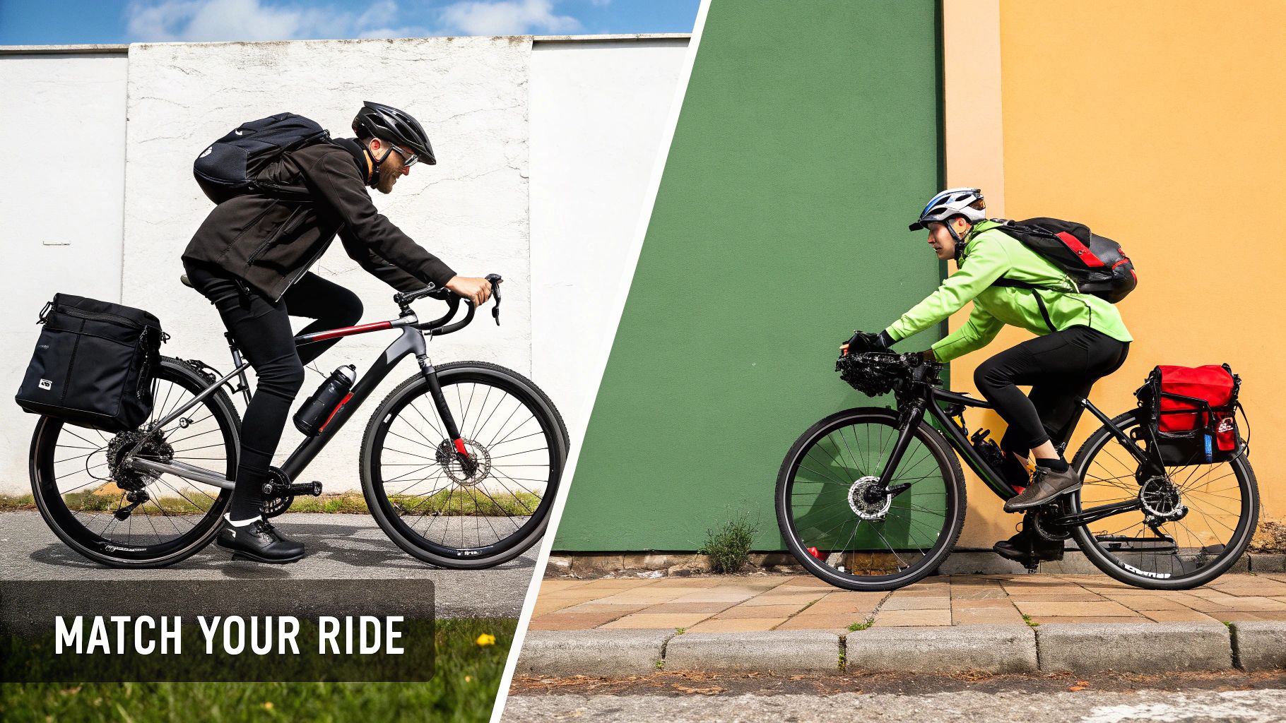 Two cyclists on their bikes with various bags attached, showcasing different commuter and touring setups.