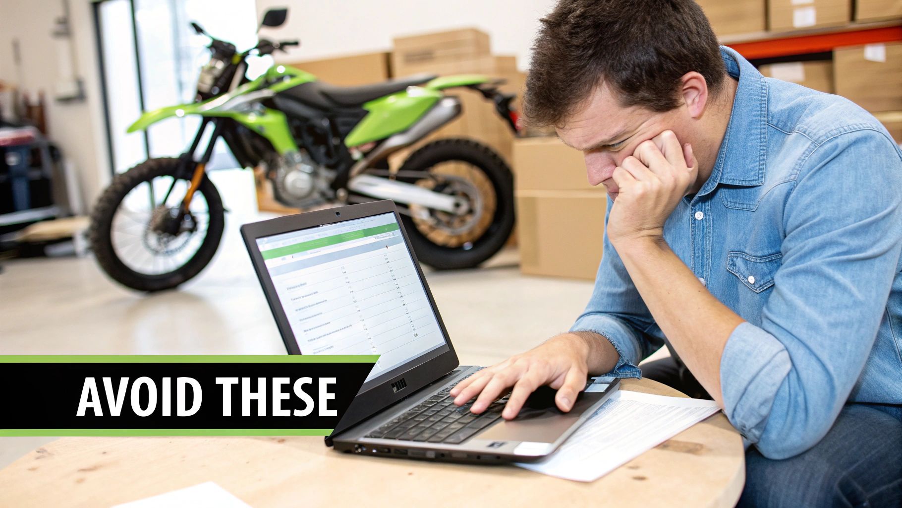 A man looks stressed while working on a laptop in a warehouse with a green dirt bike. Text: AVOID THESE.