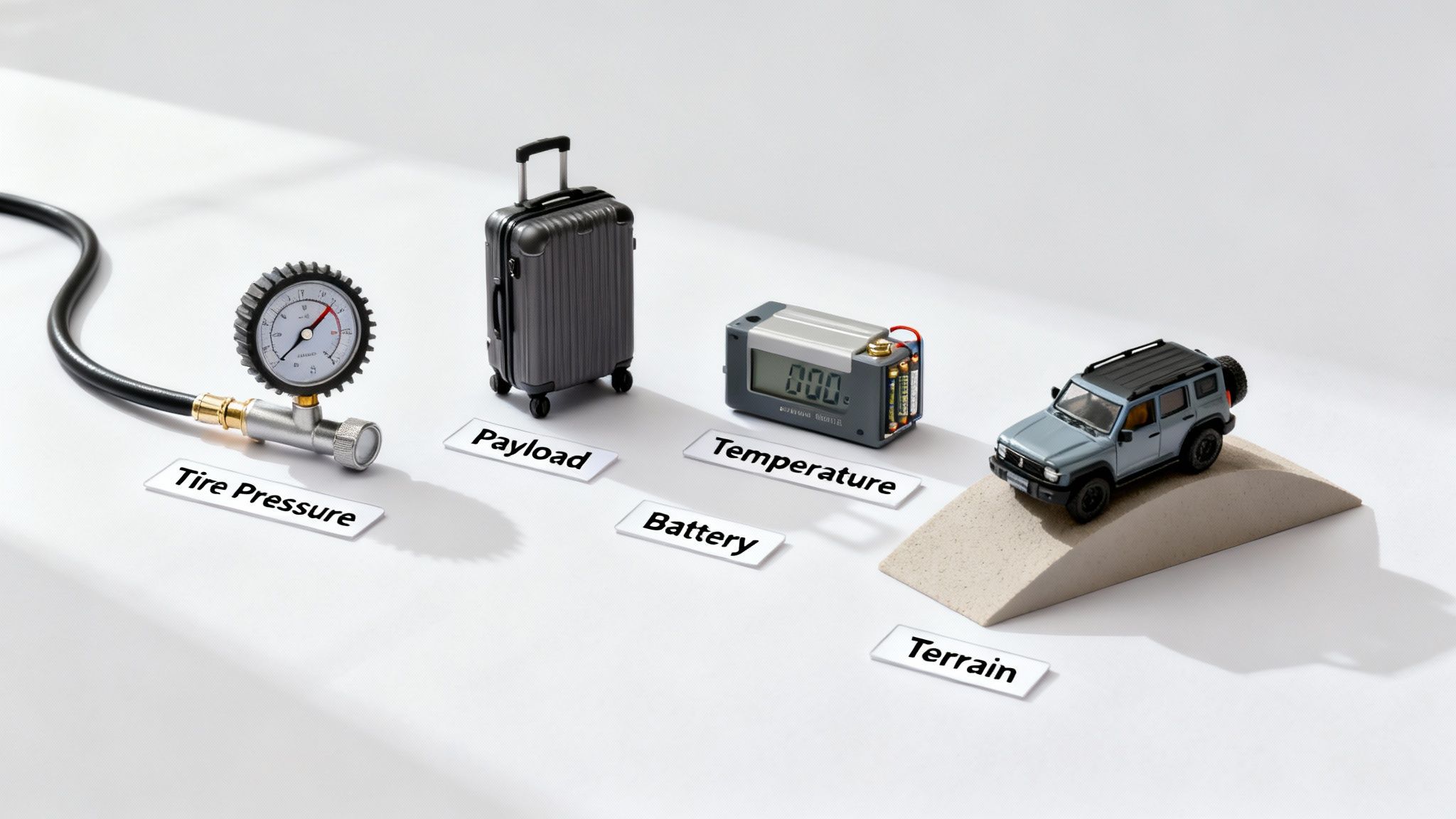 Various objects representing tire pressure, payload, battery, temperature, and terrain, illustrating factors influencing vehicle range.