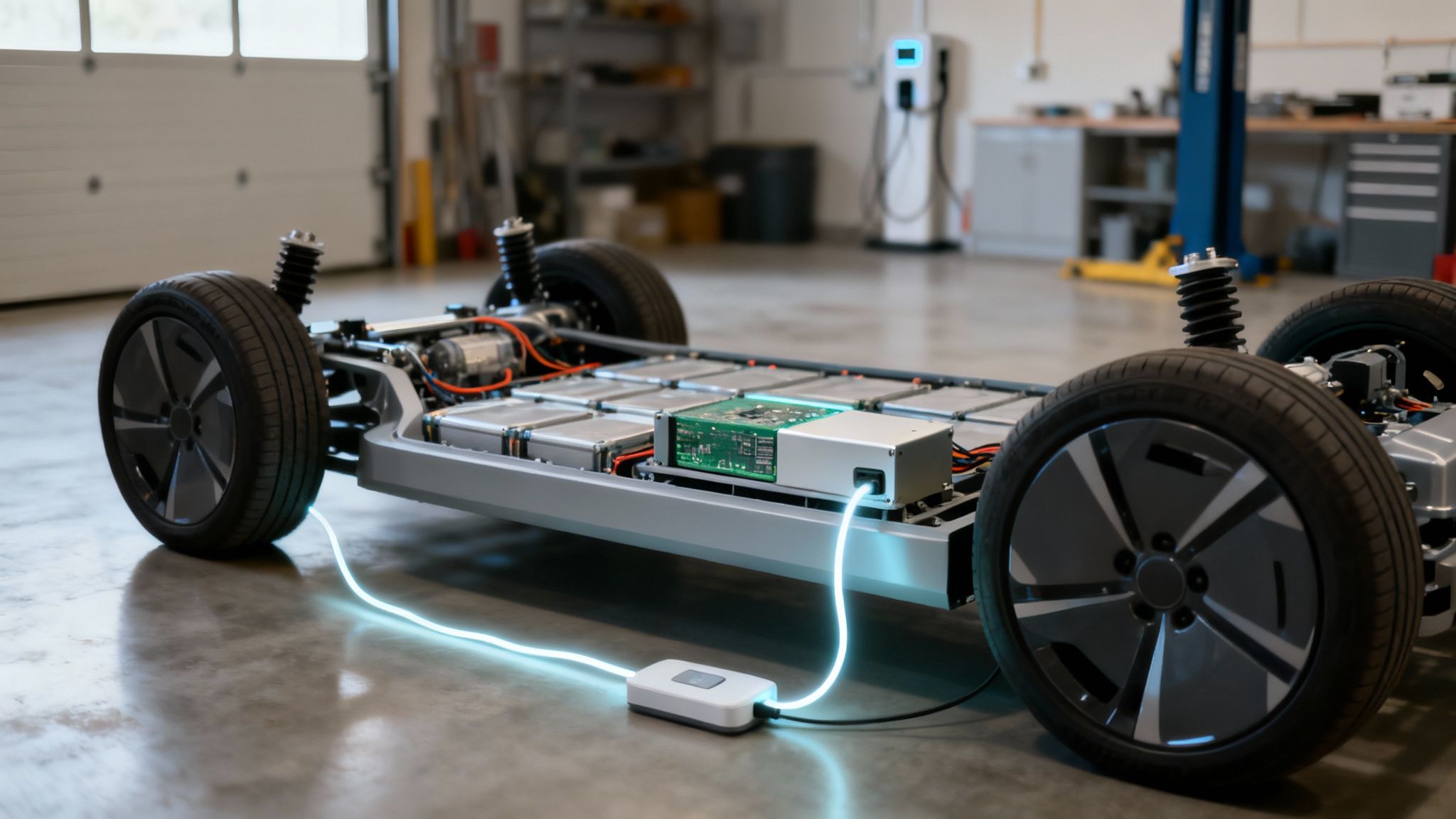 An electric vehicle charging, showing the flow of energy into its battery pack