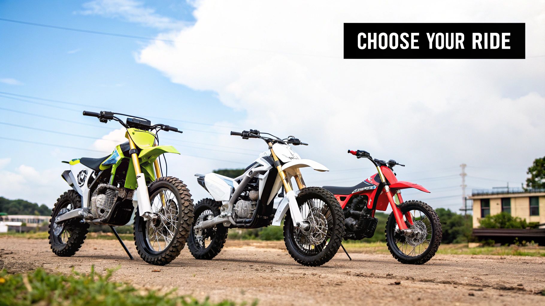Three electric dirt bikes, green, white, and red, parked on a dirt path under a cloudy sky.