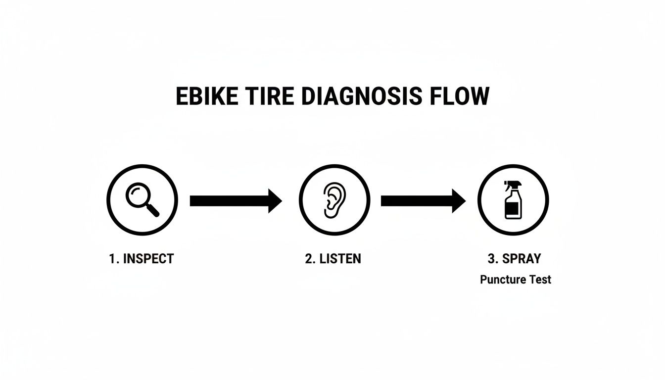 A flowchart illustrates the ebike tire diagnosis process: inspect, listen, and spray for punctures.