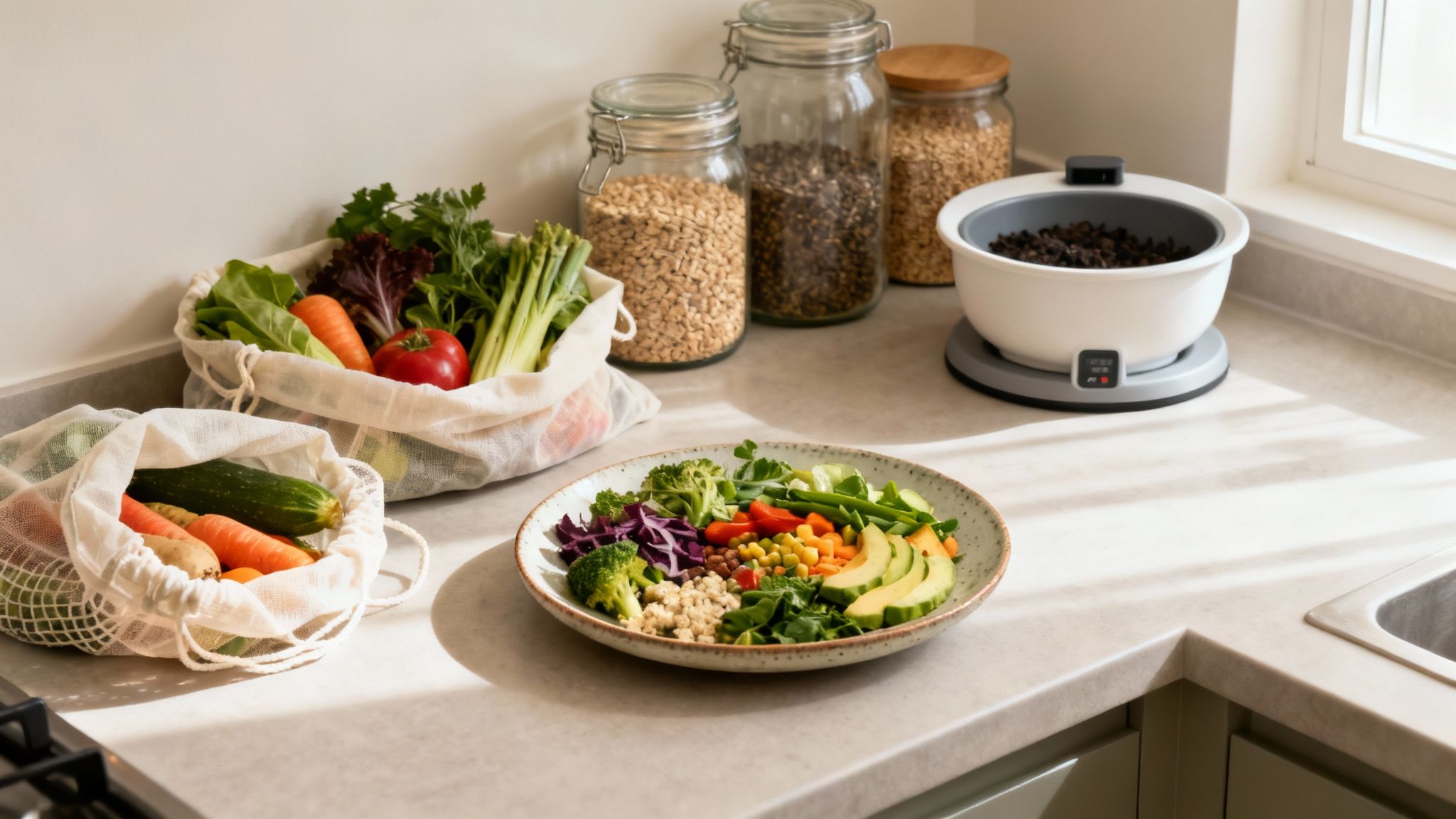 A wooden bowl filled with fresh, colorful vegetables on a rustic table.