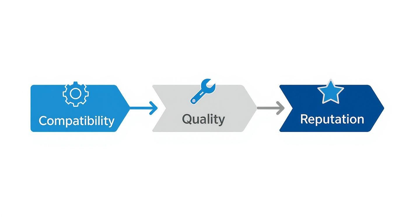 A diagram illustrating a three-stage process from Compatibility (gear icon) to Quality (wrench icon) and then to Reputation (star icon).