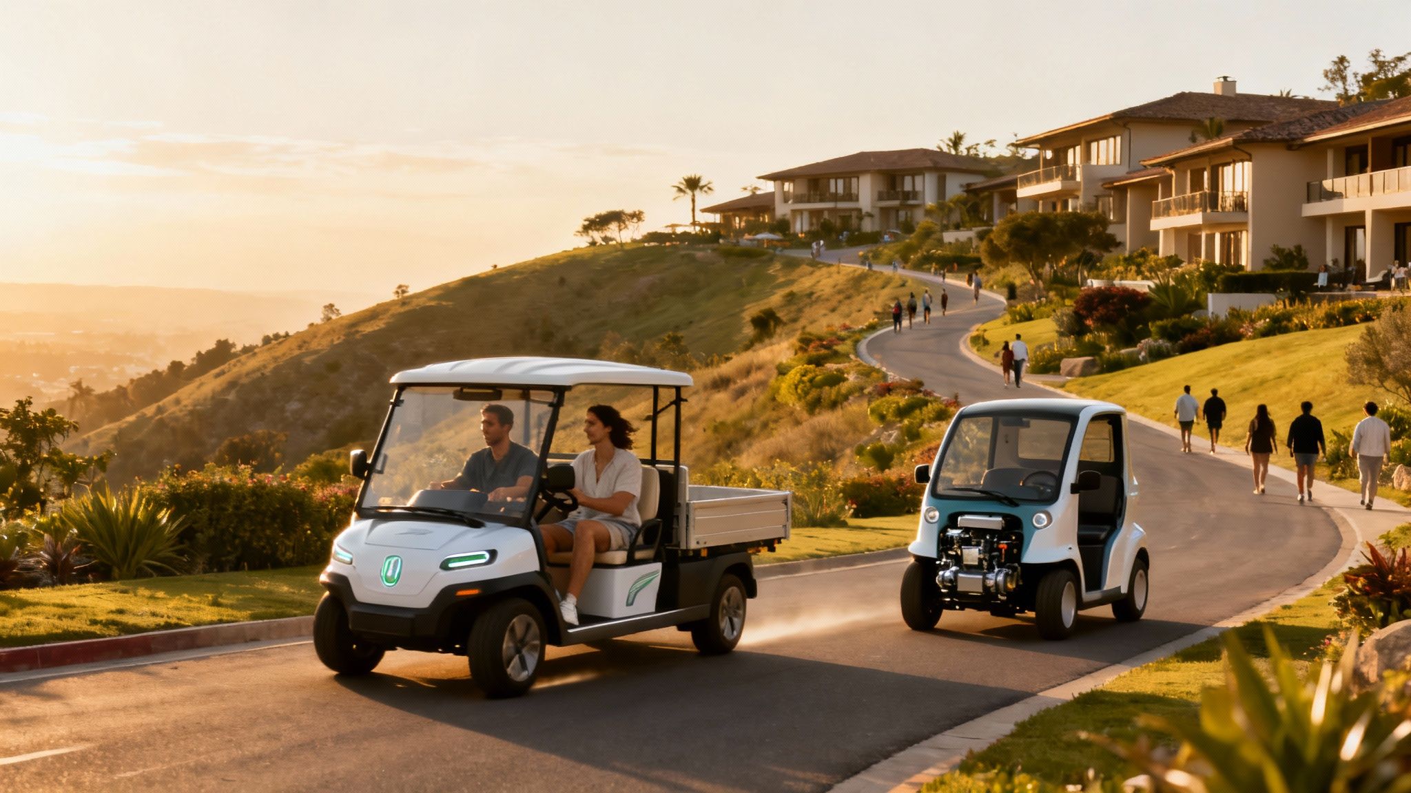 Two electric utility vehicles on a scenic winding road with people walking in a resort.