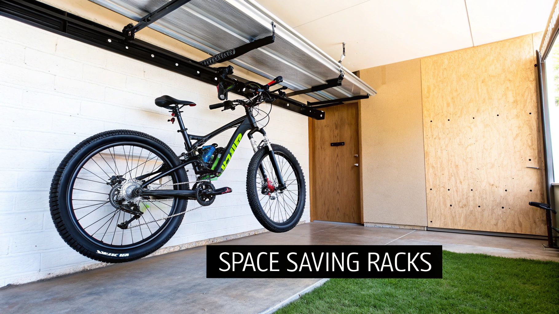 An electric mountain bike hangs from a black ceiling-mounted space-saving rack in a modern garage.