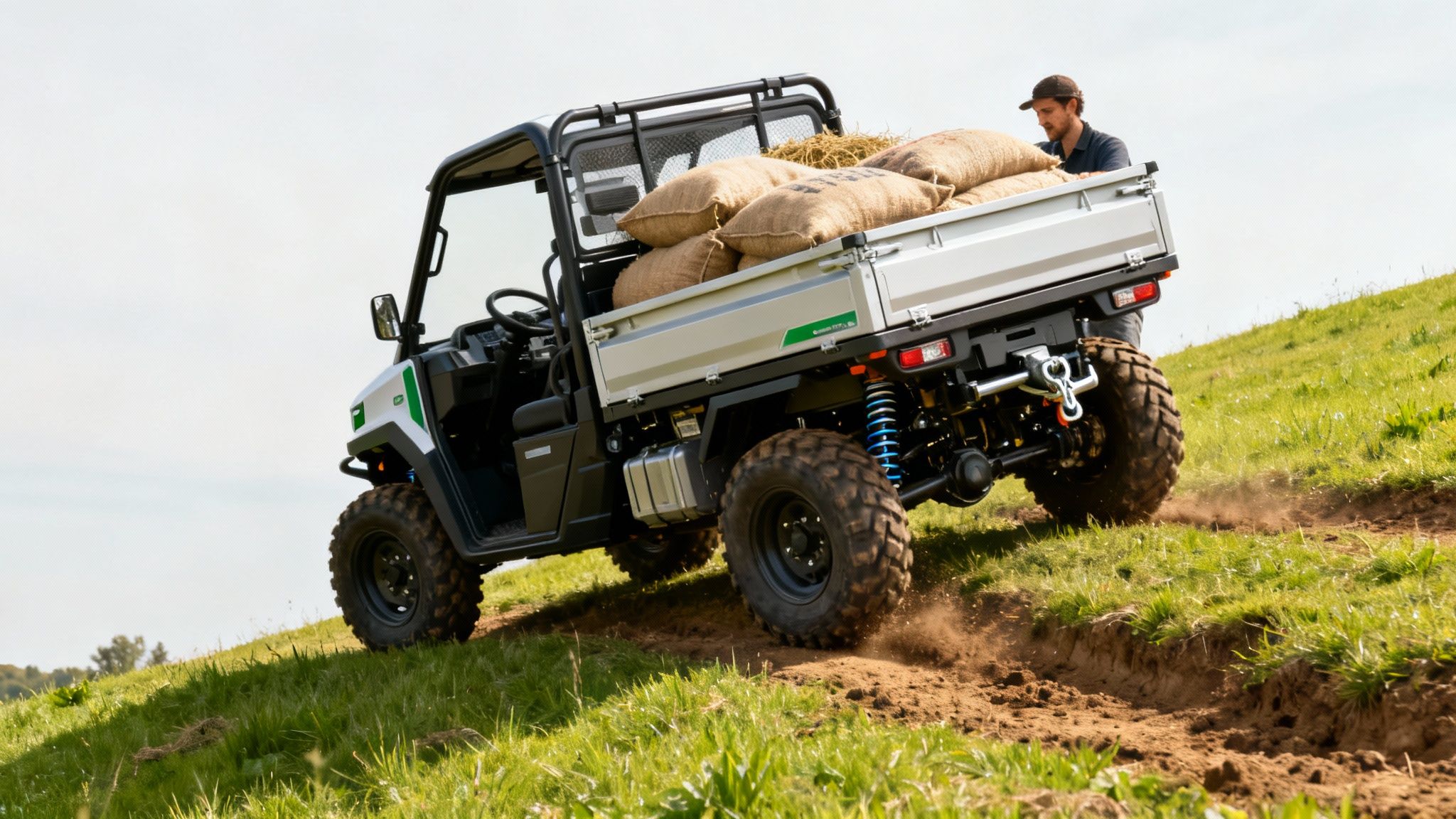 Off-road electric utility vehicle carrying sacks uphill on a grassy, dirt path with a man.