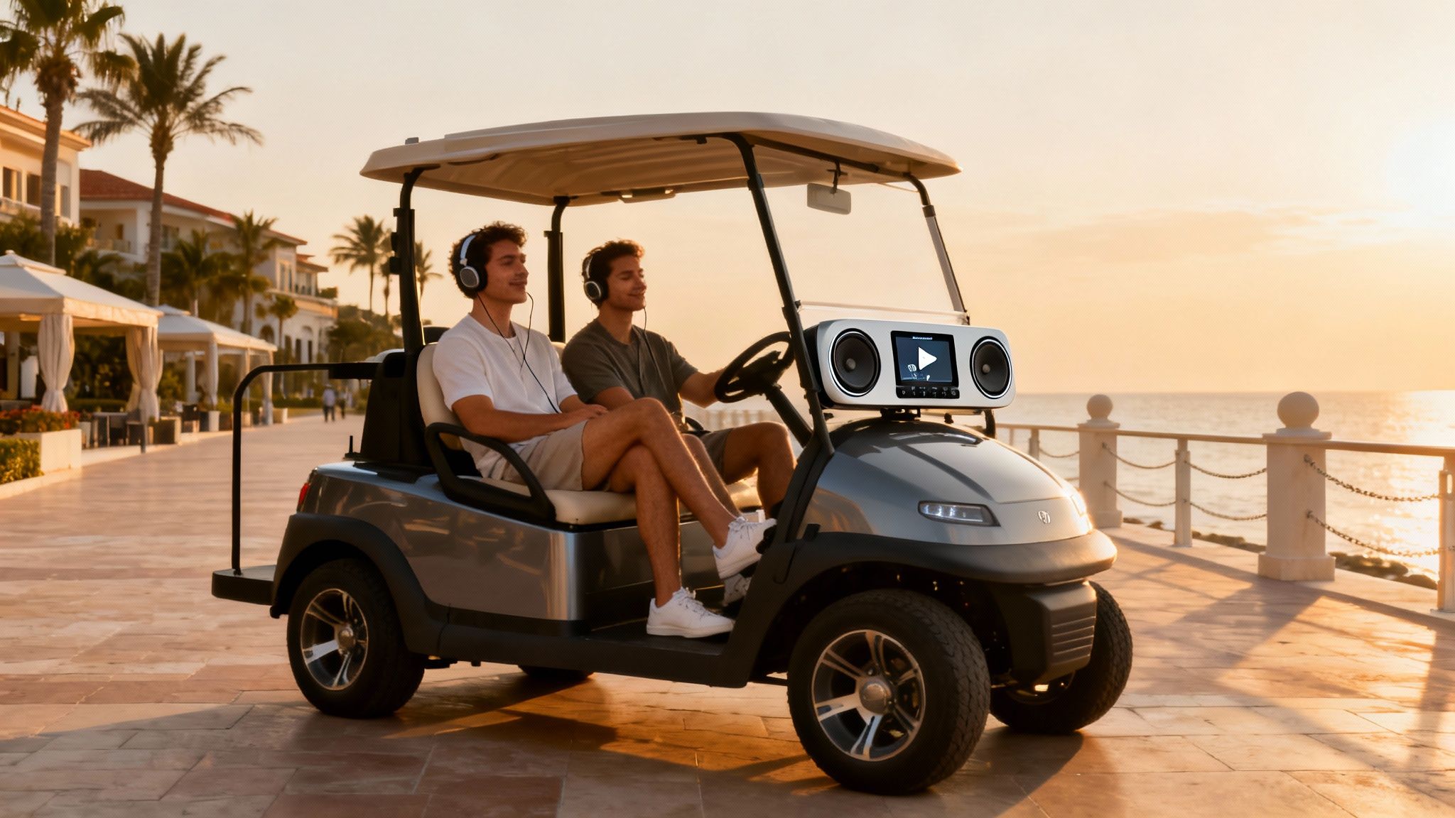 Two young men enjoying music in a golf cart with a stereo system, driving along a beautiful ocean path at sunset.