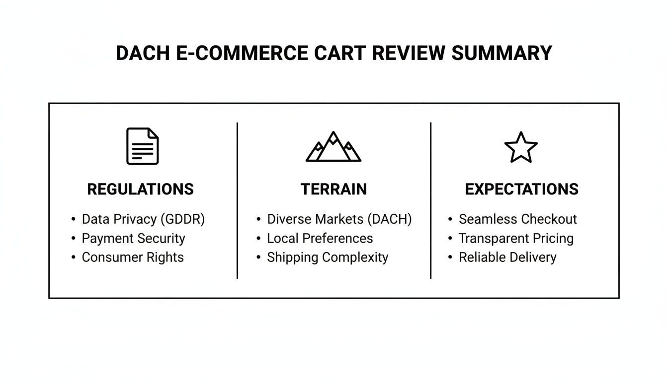 Summary of DACH e-commerce cart review, detailing regulations, market terrain, and customer expectations.