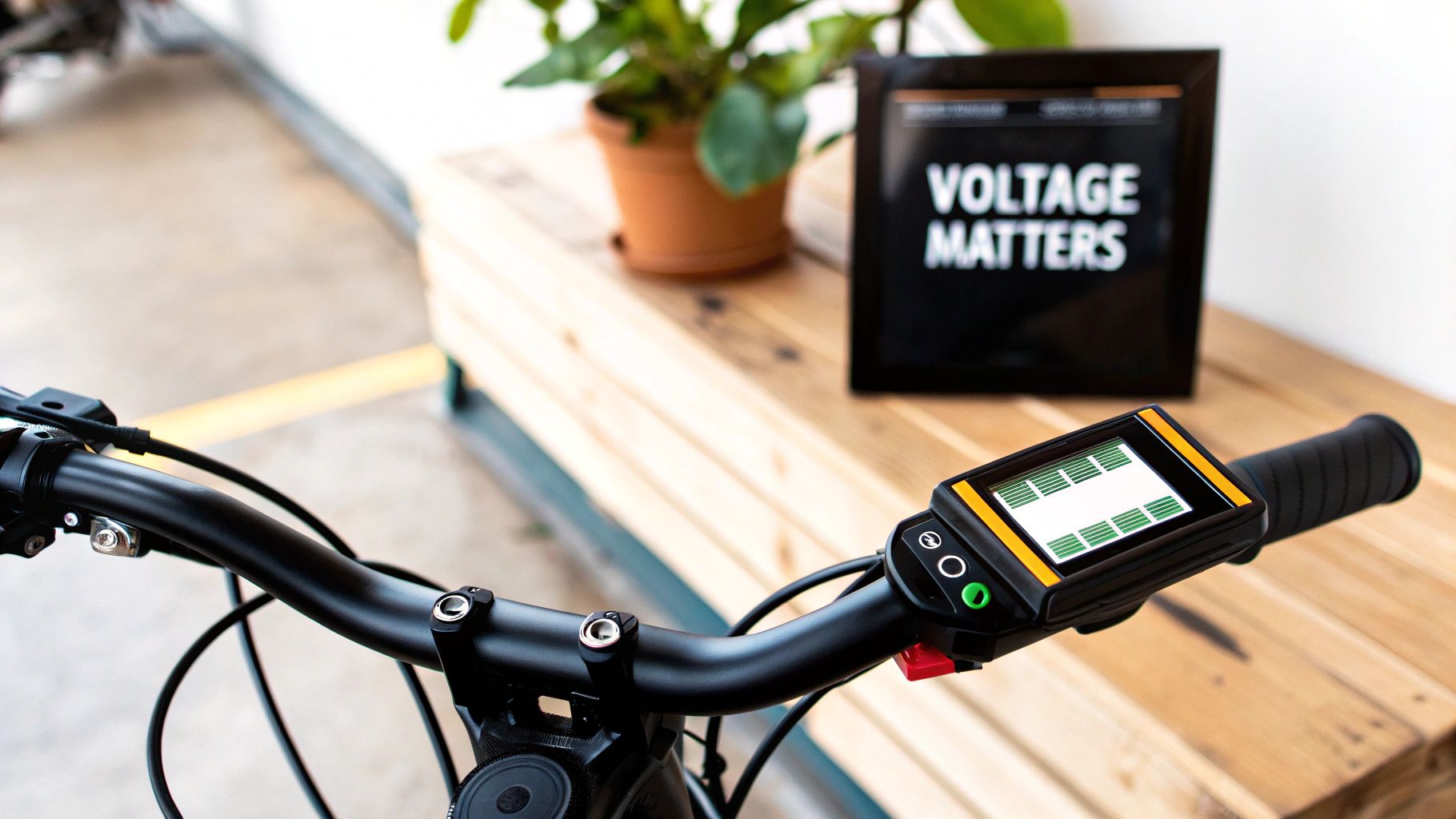 Close-up of an e-bike handlebar with a digital display showing a battery voltage chart, with a 'Voltage Matters' sign in the background.