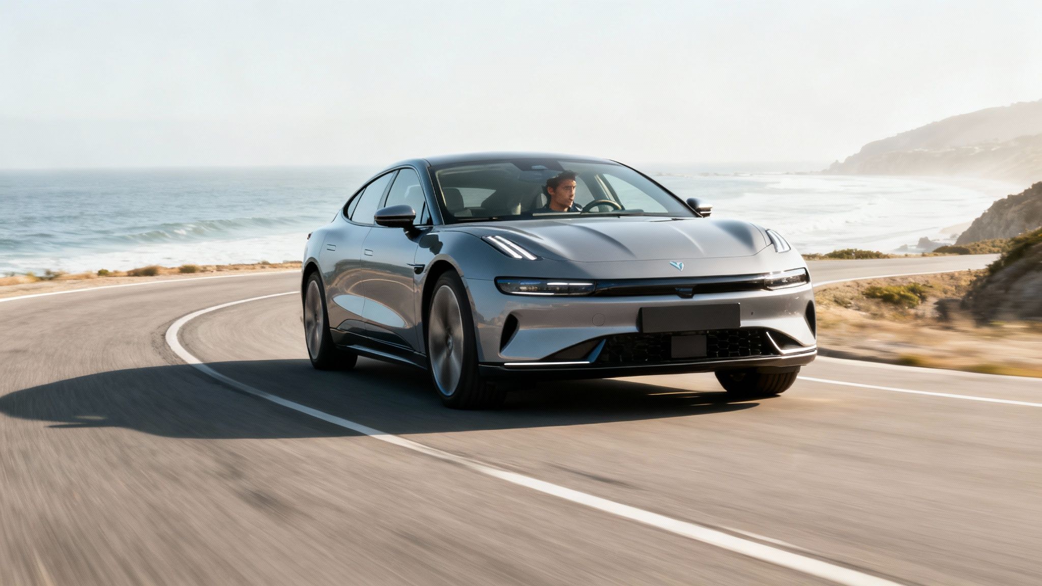 A sleek Solana EV driving on a winding road, showcasing its performance and handling.