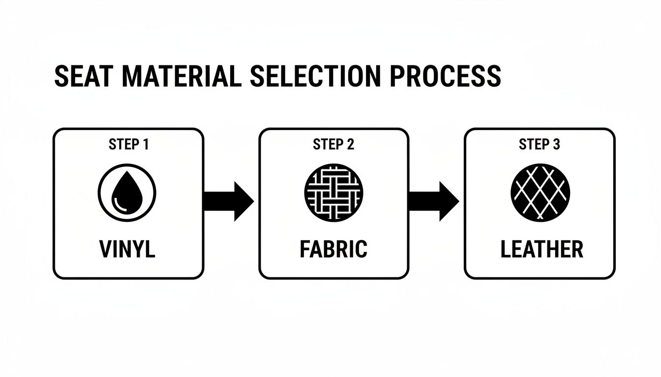 A flowchart illustrating the seat material selection process with options: Vinyl, Fabric, and Leather.