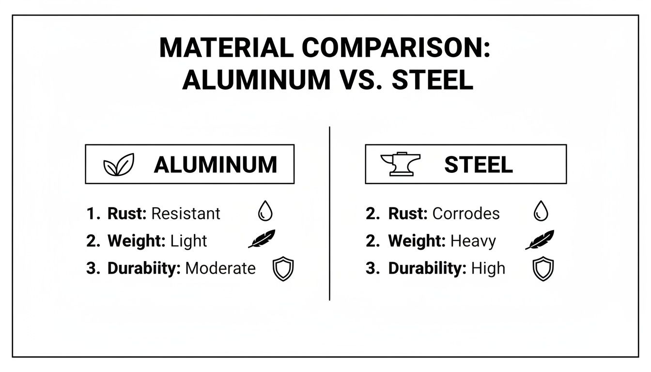 A comparison chart highlighting the properties of aluminum (light, rust-resistant) versus steel (heavy, corrodes).