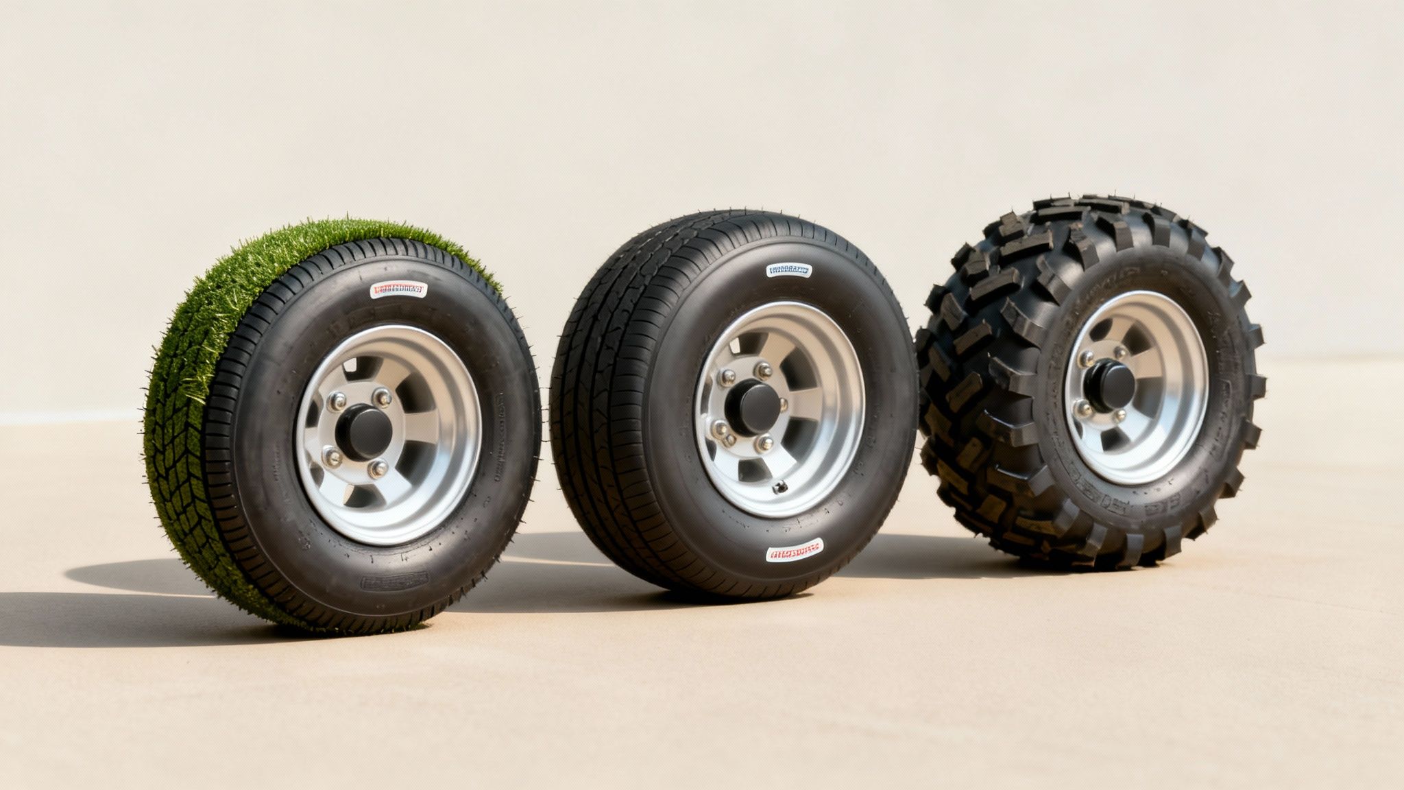 Three different golf cart wheels displayed: one with artificial grass, one standard, and one all-terrain.