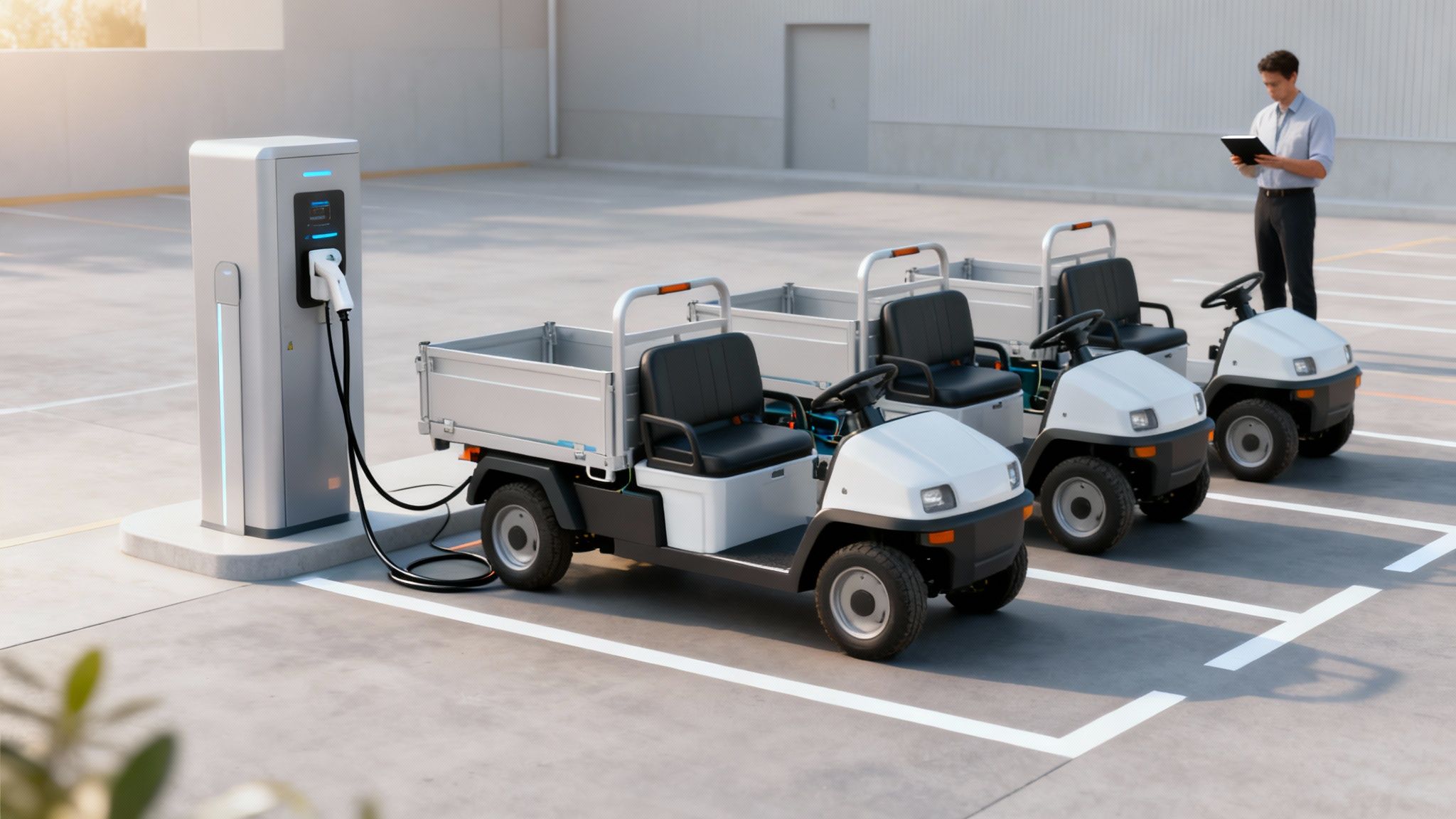 Several electric utility carts are parked in a lot, with one charging at a station, as a man reviews a tablet.