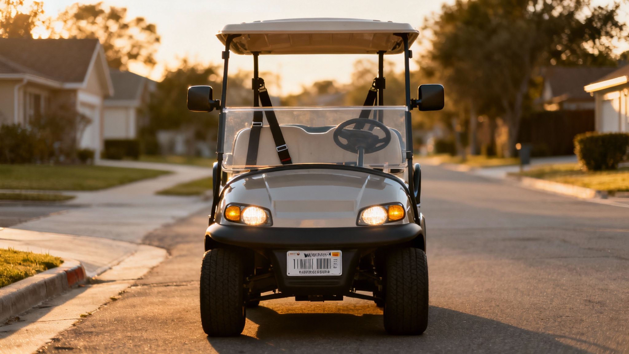A tan golf cart with its headlights on, parked on a sunlit residential street at sunset.