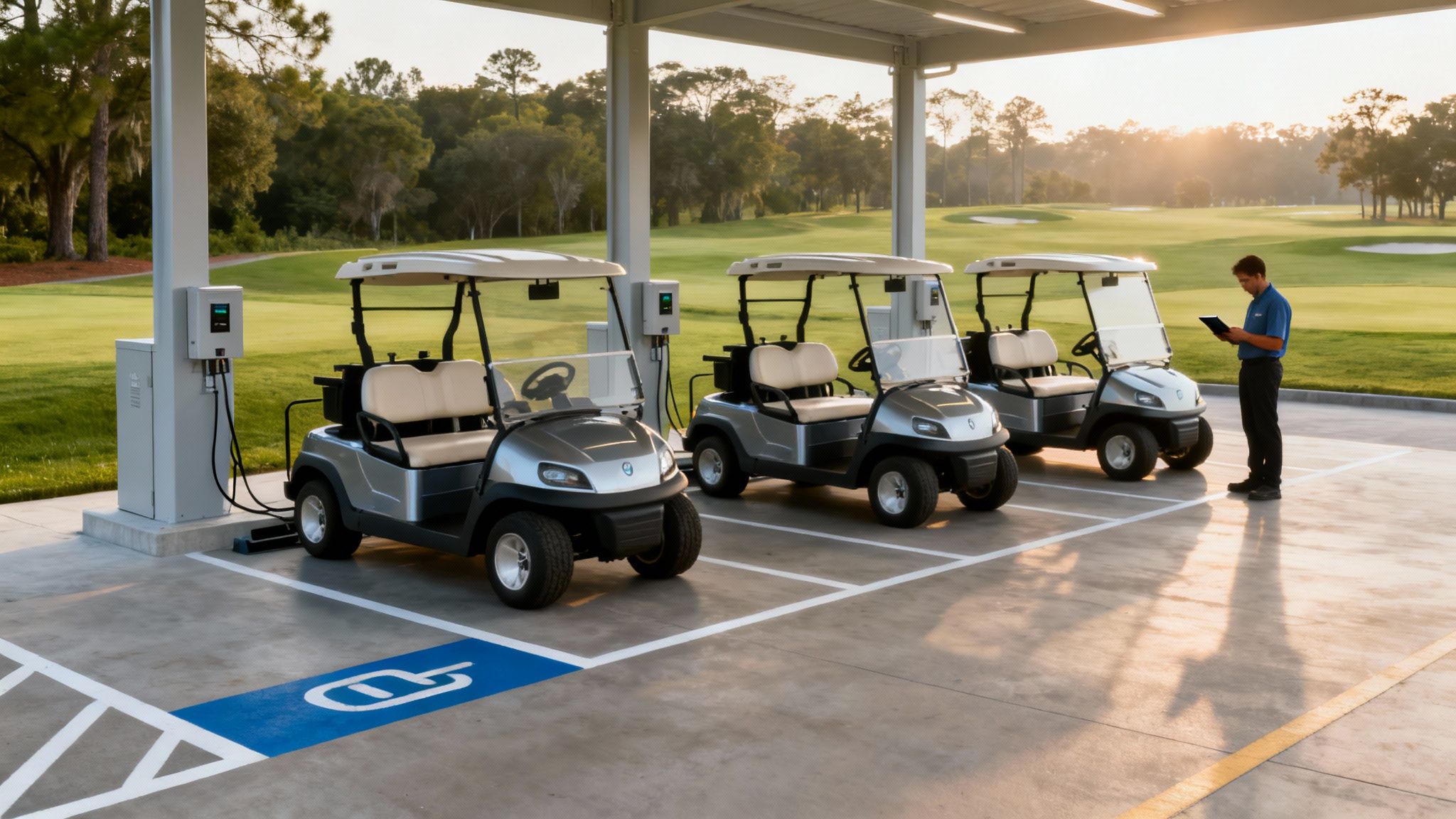 Three electric golf carts charging at an outdoor station on a golf course, with a man checking a tablet.