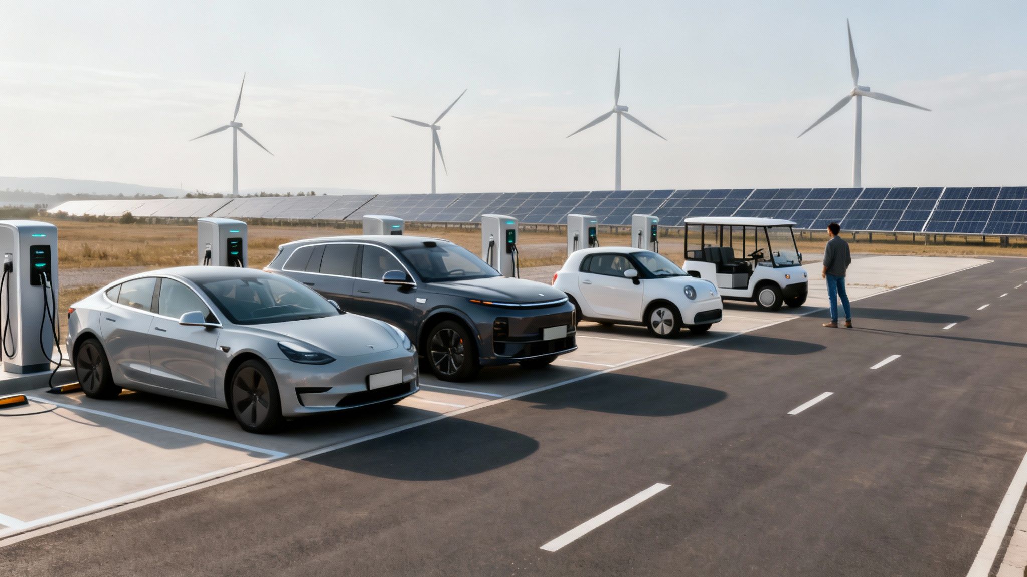 Electric vehicles charging at a station powered by solar panels and wind turbines, with a man standing nearby.