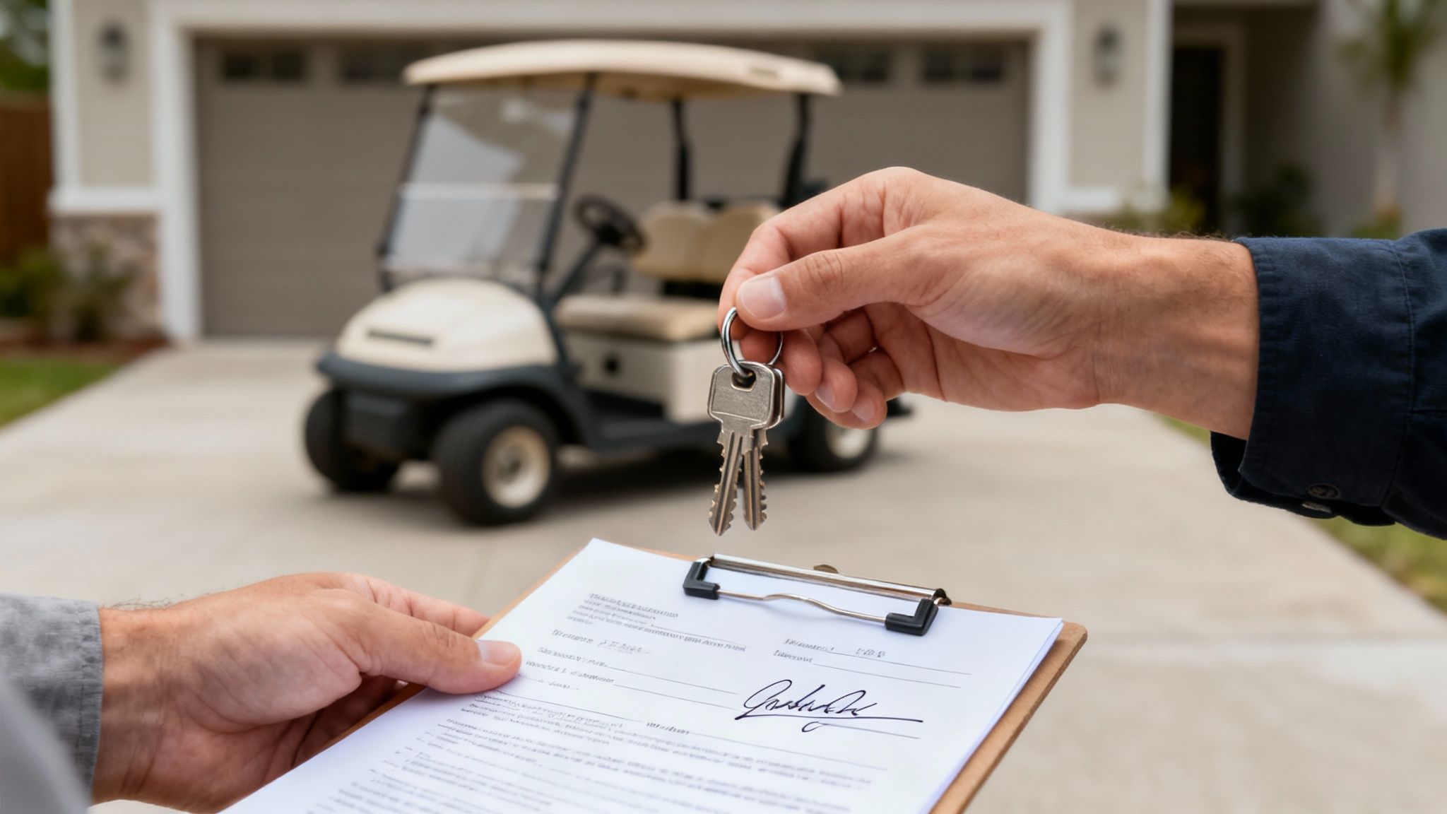 Close-up of hands exchanging keys over a signed document, with a golf cart and house behind.