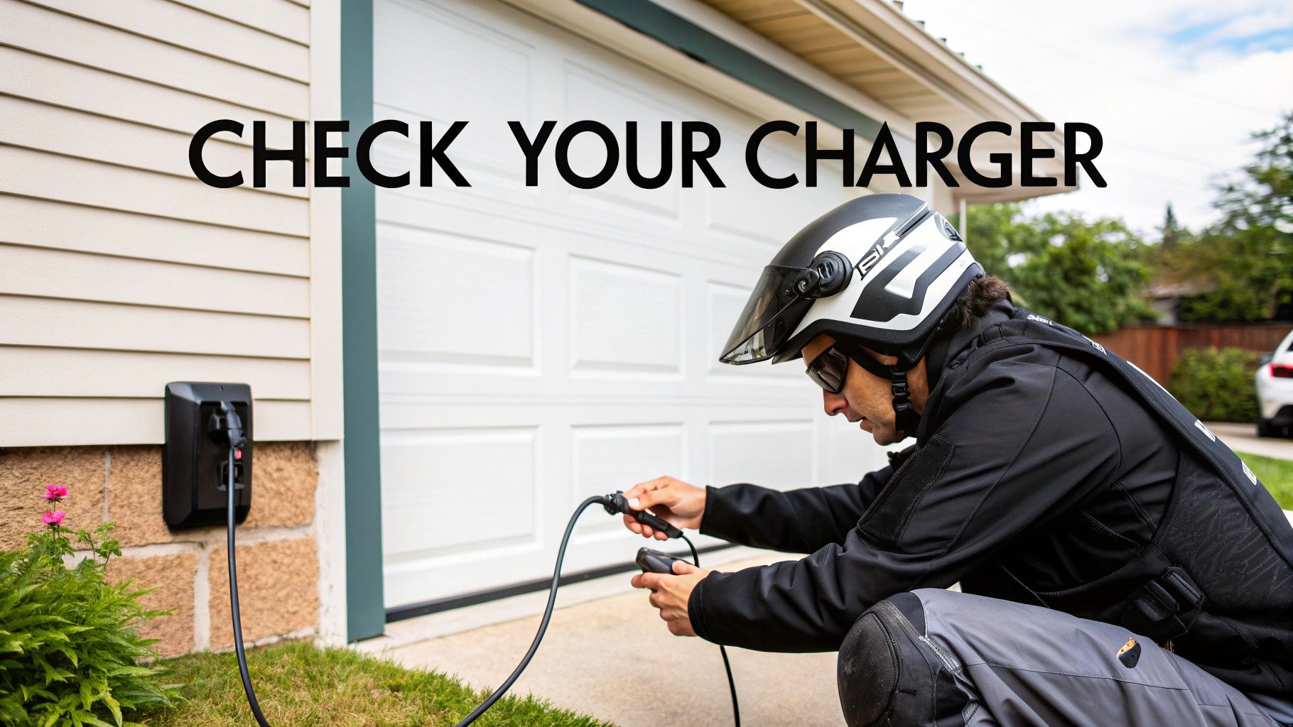 A person in a helmet and goggles checks an EV charger connected to a house wall.