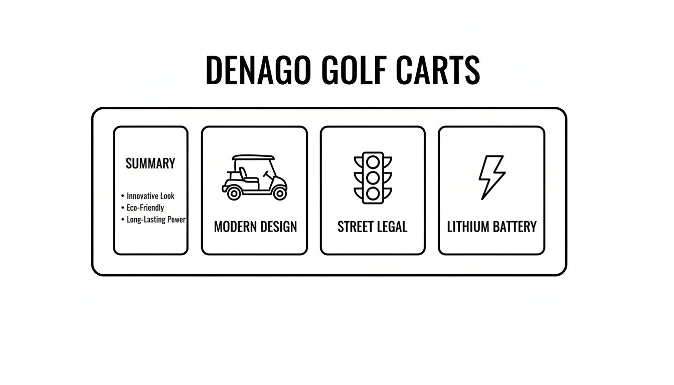 Denago Golf Carts features: modern design, street legal, eco-friendly, long-lasting lithium battery power.