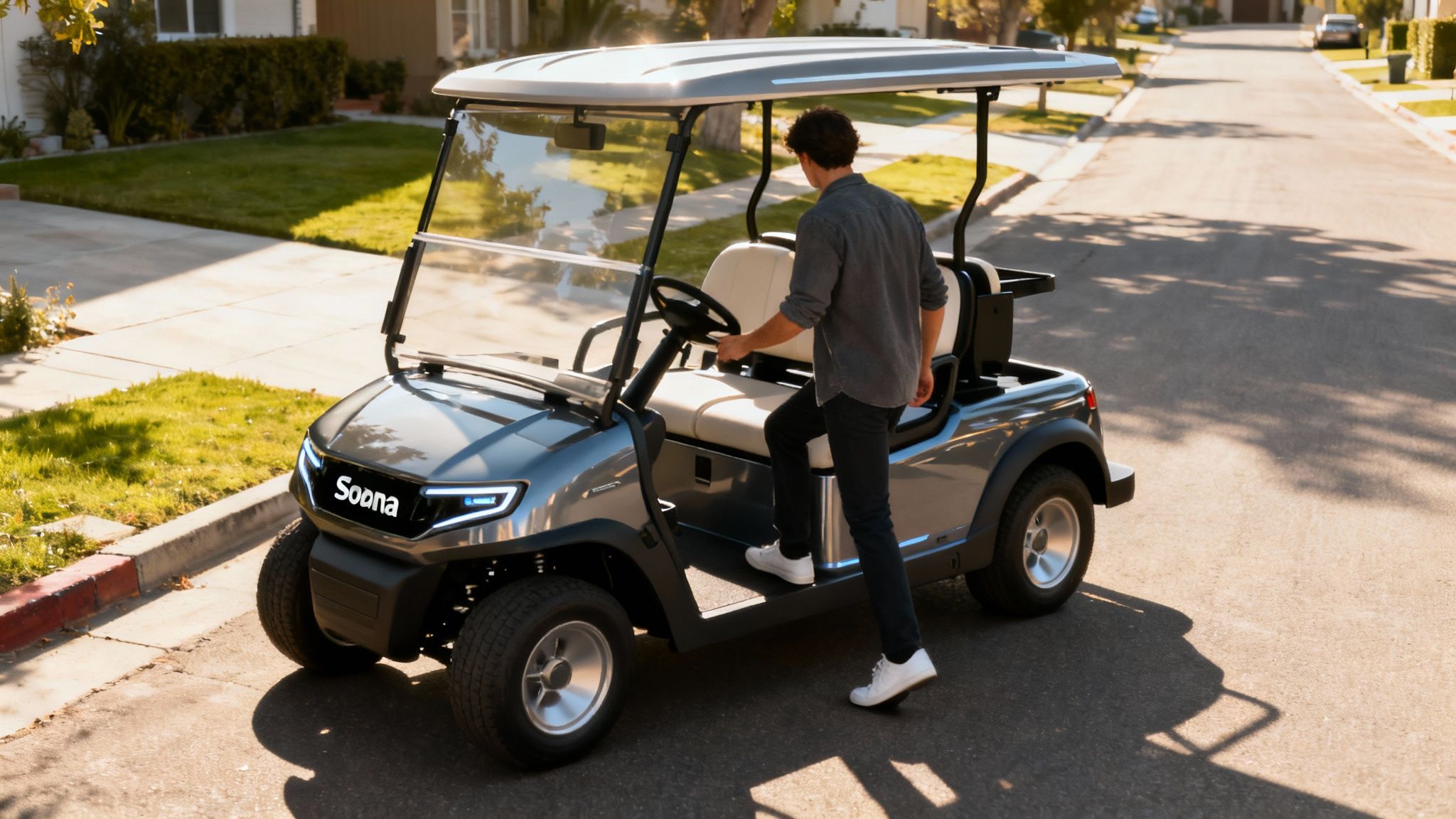 A person calculating costs with a modern street legal golf cart in the background