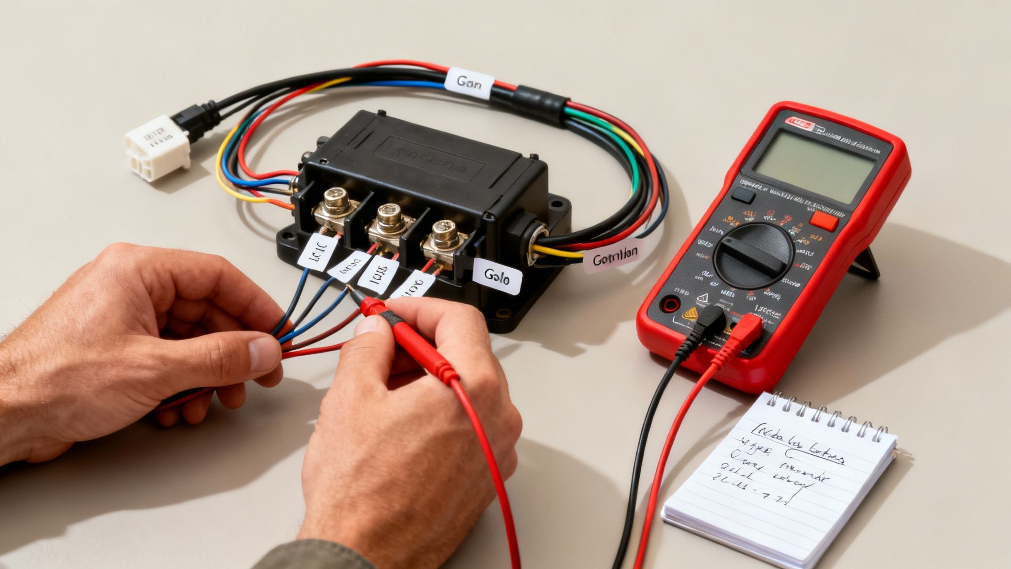 Technician testing golf cart controller wiring connections with digital multimeter during installation process