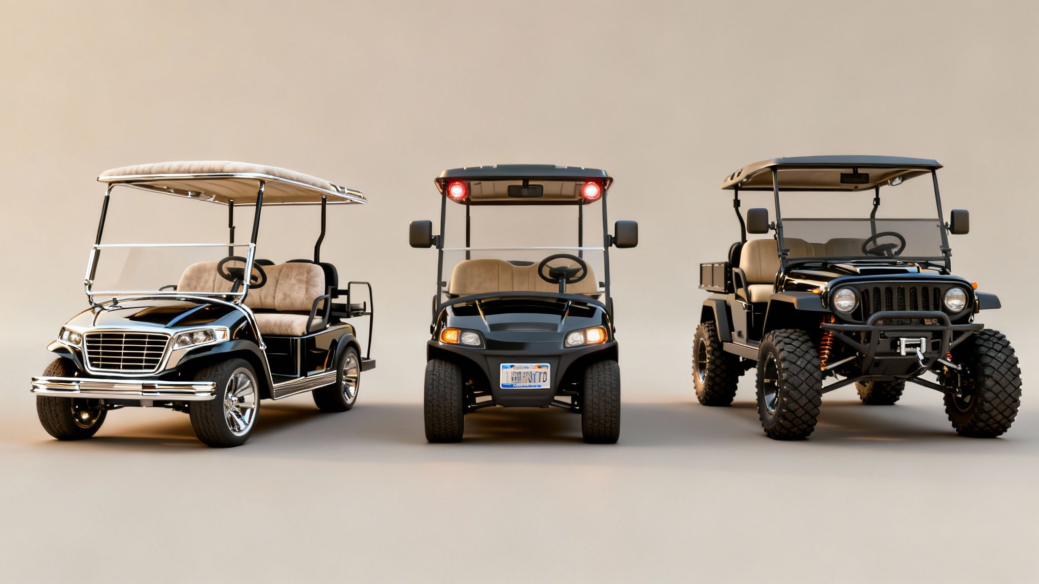 Three black custom luxury golf carts, featuring classic, standard, and rugged off-road styles.