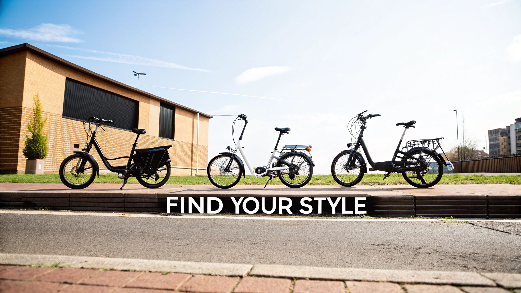 Four different styles of electric bikes parked outside urban building with find your style text
