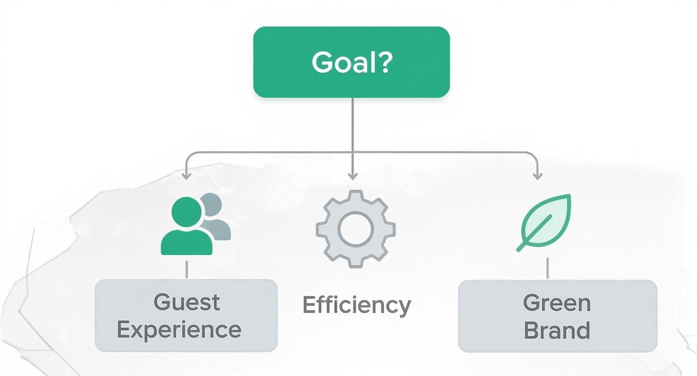 A flowchart showing 'Goal?' branching into 'Guest Experience', 'Efficiency', and 'Green Brand'.