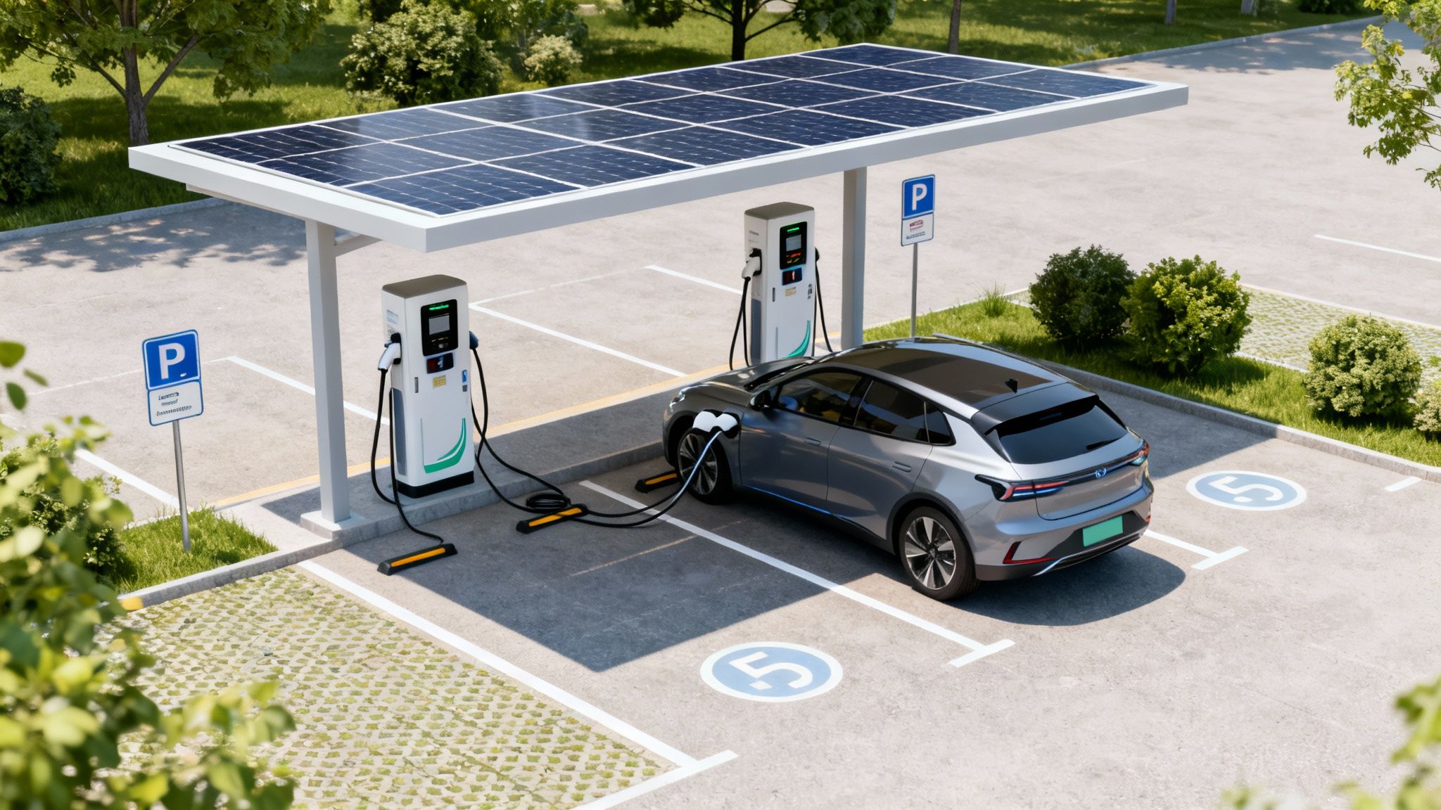 Electric car charging at a solar-powered station in a modern, green parking lot.