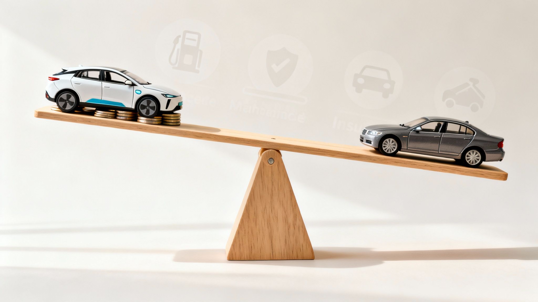 An electric car on a stack of coins balances a gasoline car on a wooden seesaw, symbolizing cost.