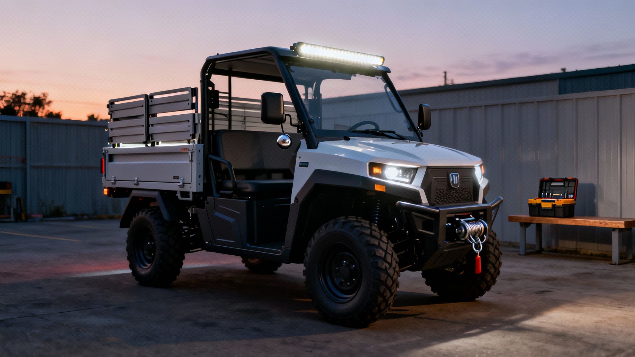 White off-road electric utility vehicle with a flatbed, light bar, and winch parked at dusk.