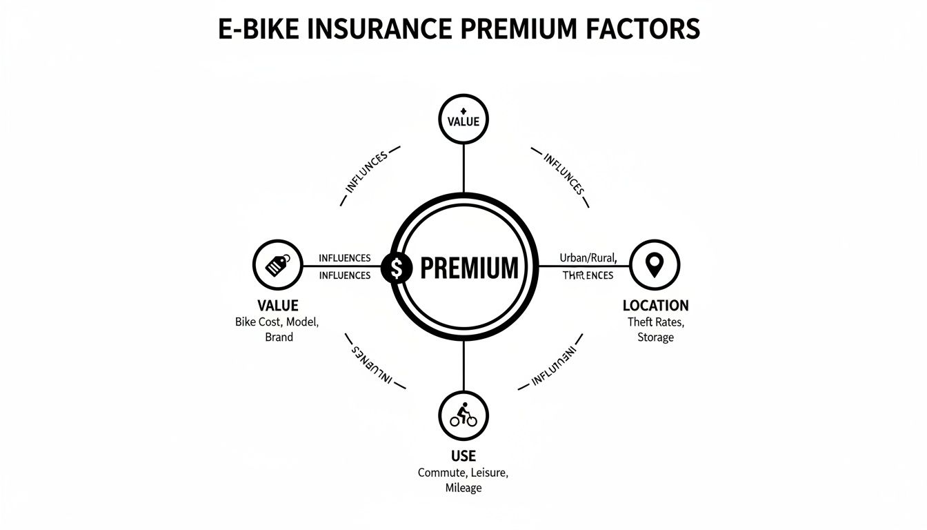 An infographic illustrating key factors that influence electric bike insurance premiums, including value, location, and usage.