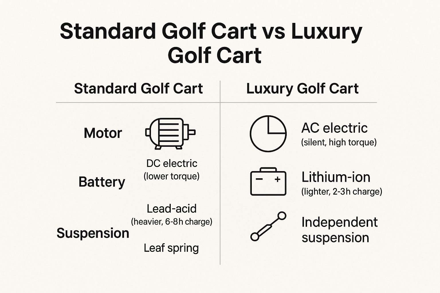 An infographic comparing the features of a standard golf cart versus a luxury golf cart, highlighting differences in motor, battery, and suspension.
