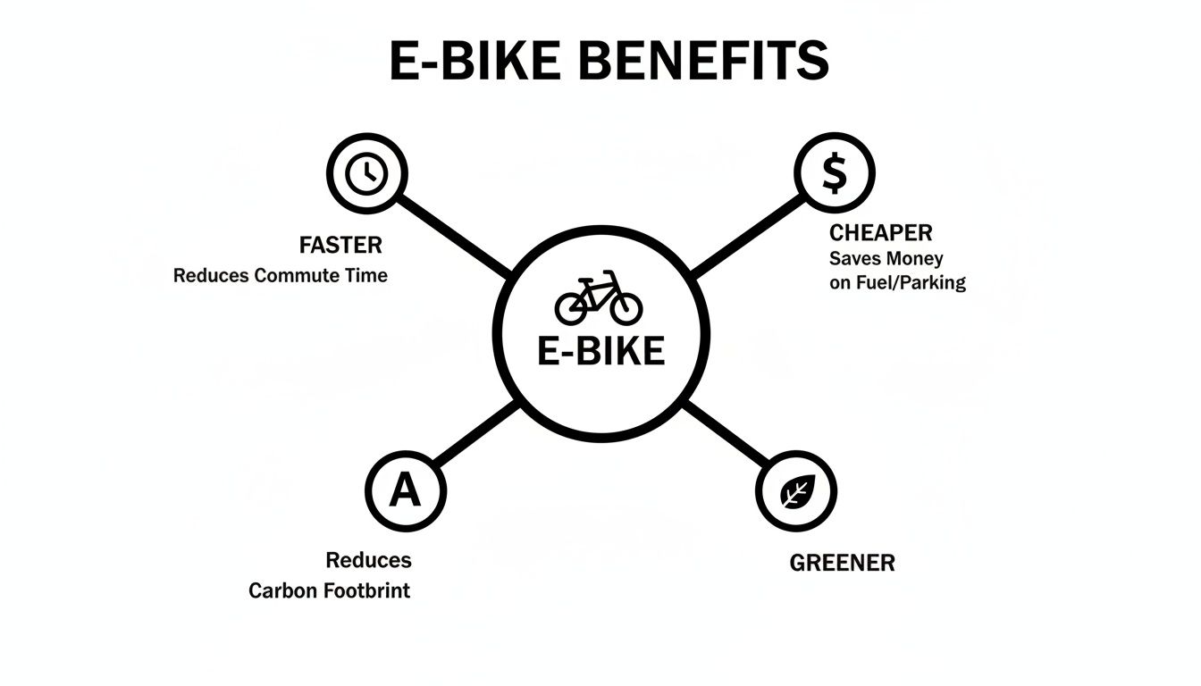 An infographic detailing e-bike benefits: faster commute, cheaper fuel/parking, and reduced carbon footprint.