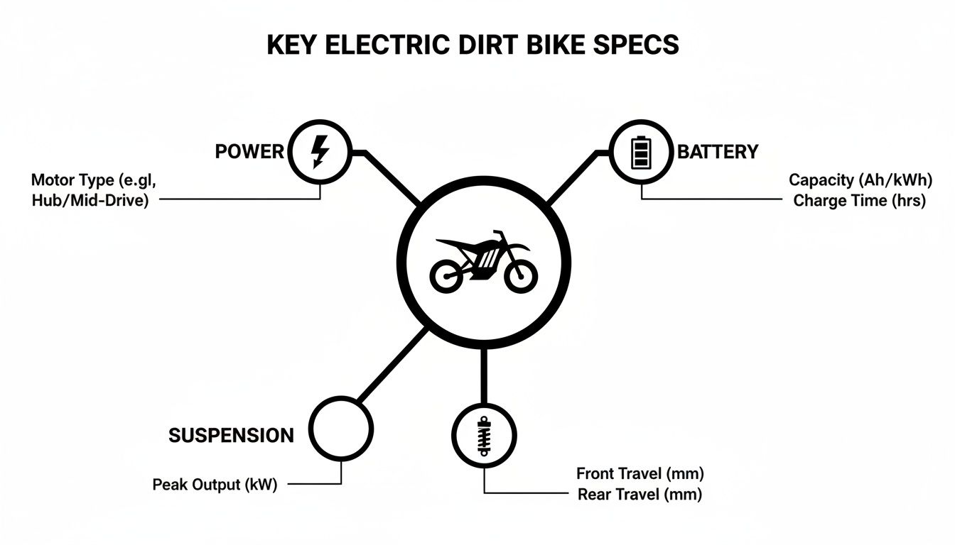 Diagram illustrating key specifications for electric dirt bikes, covering power, battery, and suspension details.