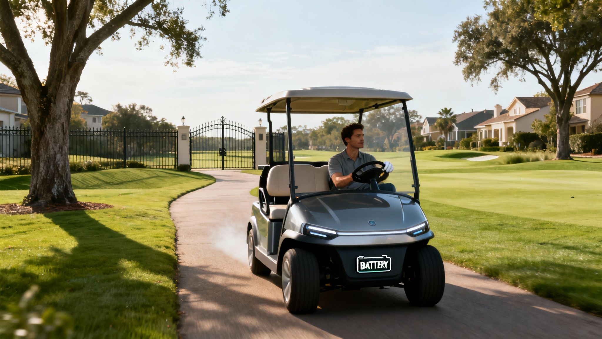 A man drives a modern grey electric golf cart on a path next to a sunny golf course.
