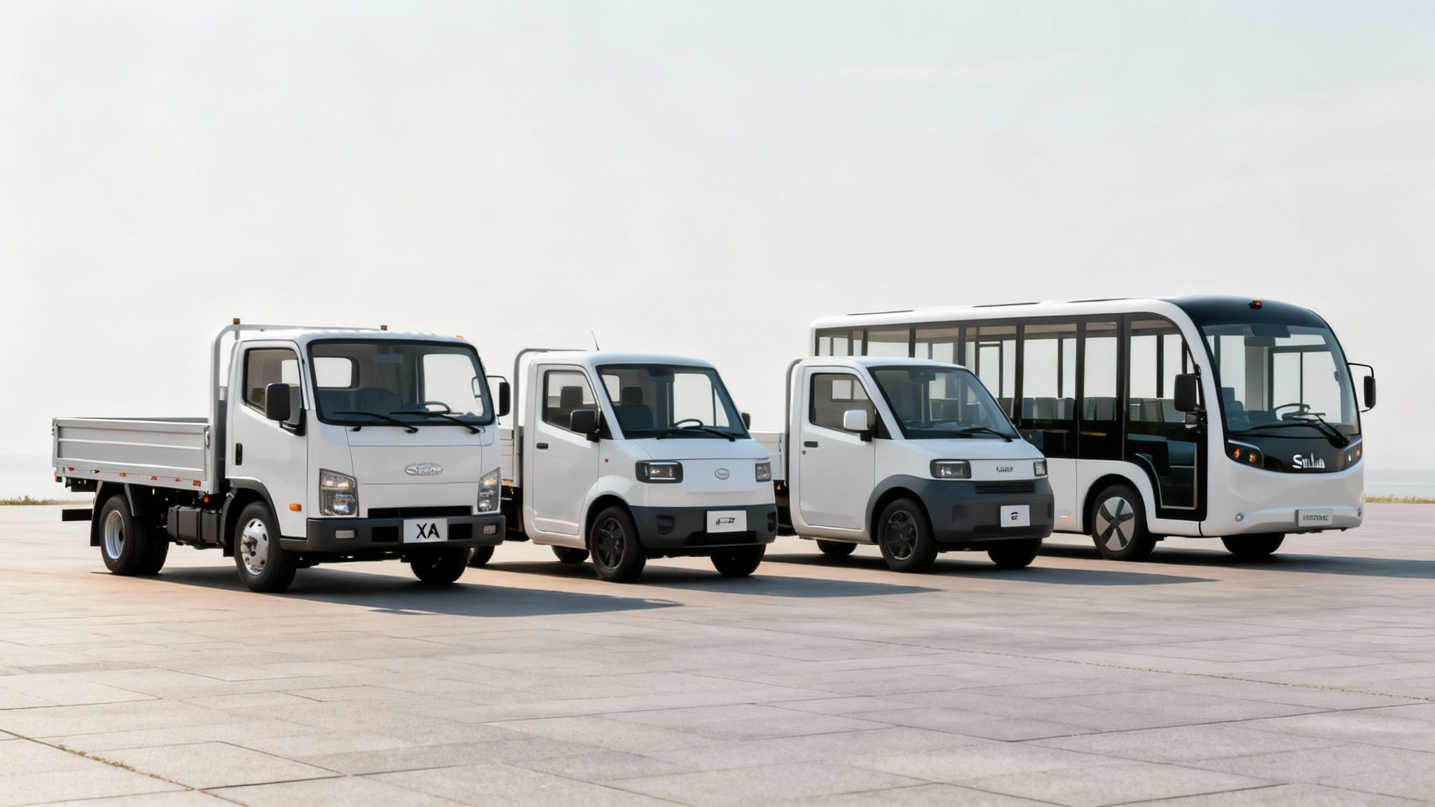 Four white electric vehicles: a flatbed truck, two utility vehicles, and a shuttle bus parked on pavement.