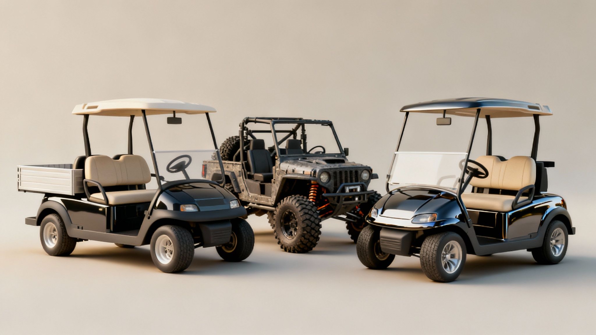 Two black golf carts, one utility and one passenger, with a dark off-road jeep between them.