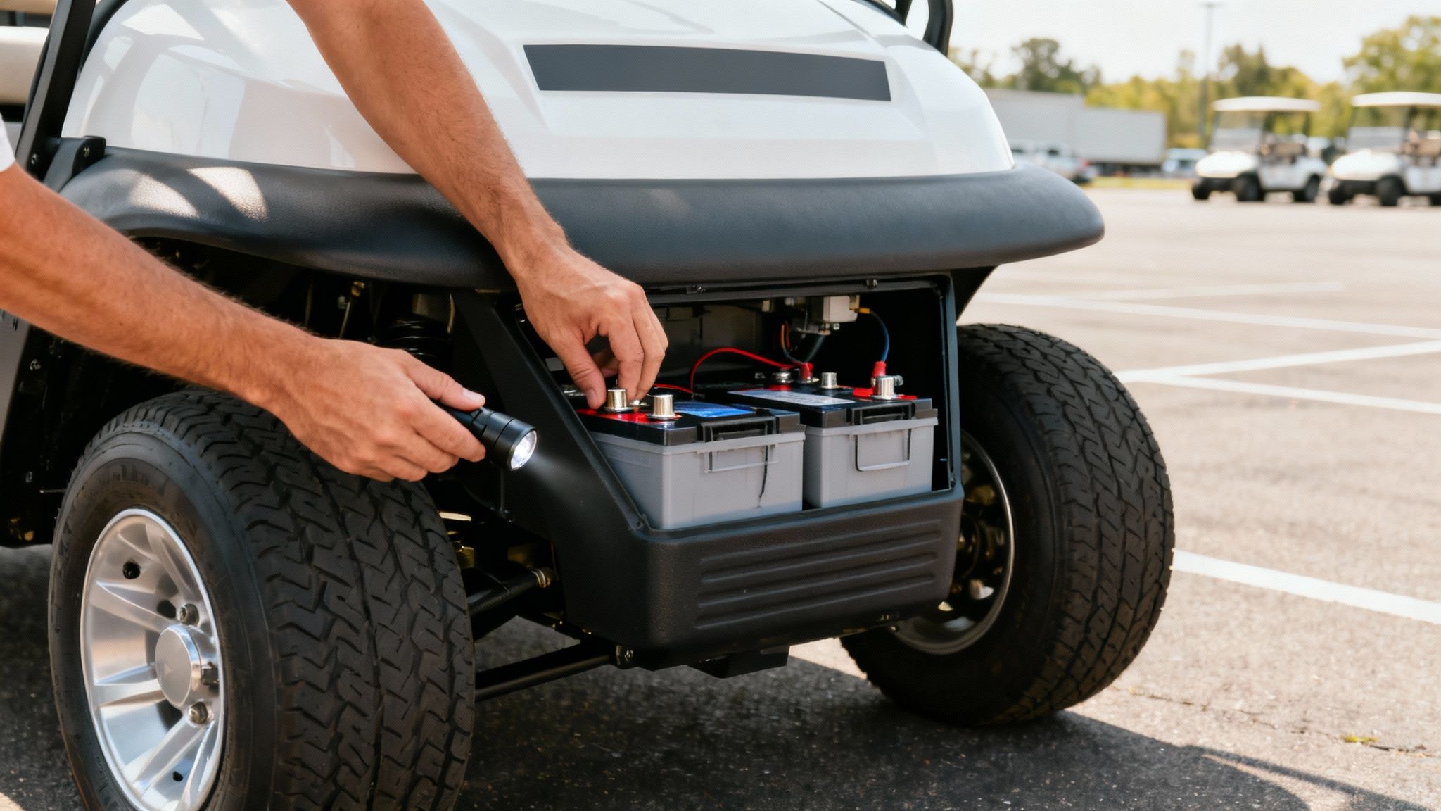 A man's hands use a flashlight to inspect the exposed batteries of a white golf cart.