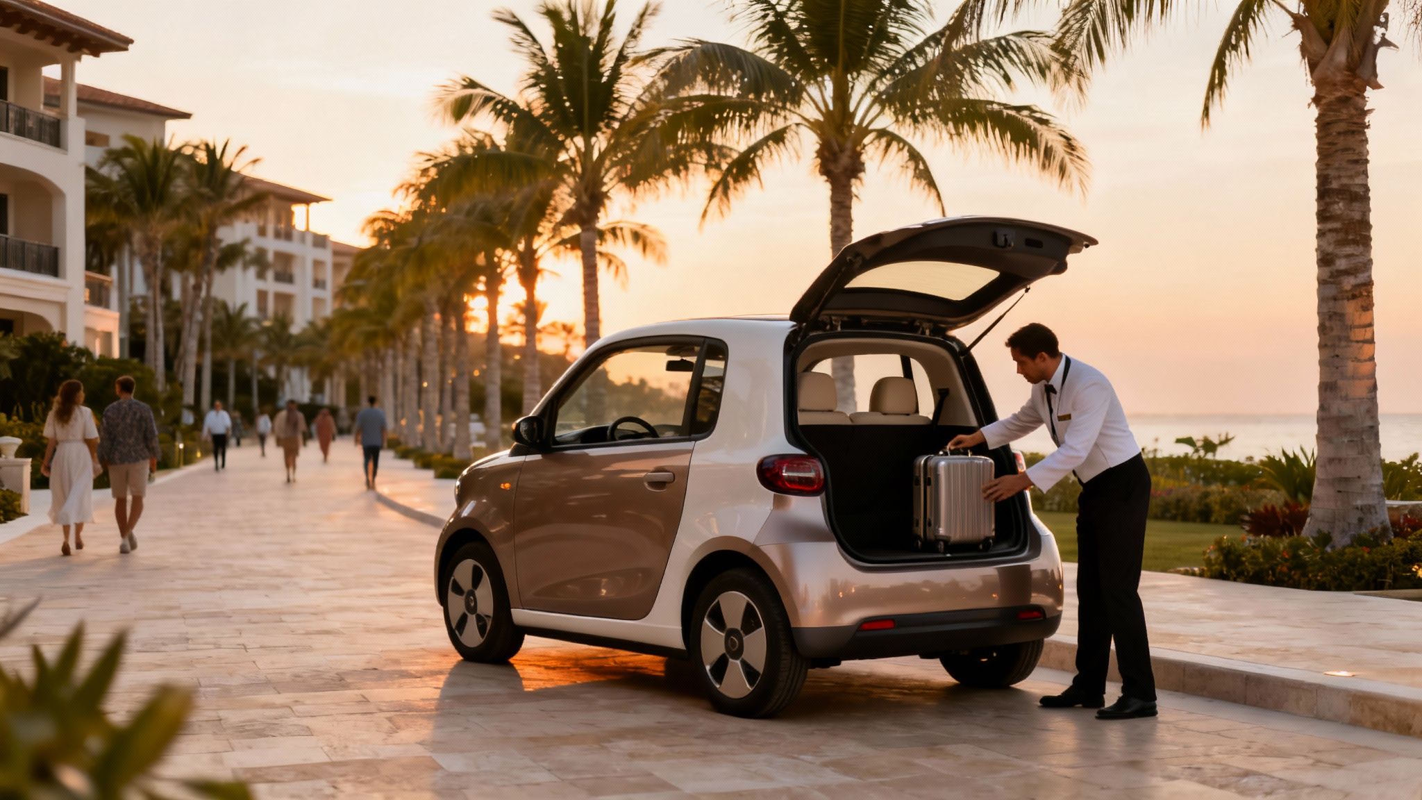 A valet loads a silver suitcase into the trunk of a two-tone electric car at a resort.