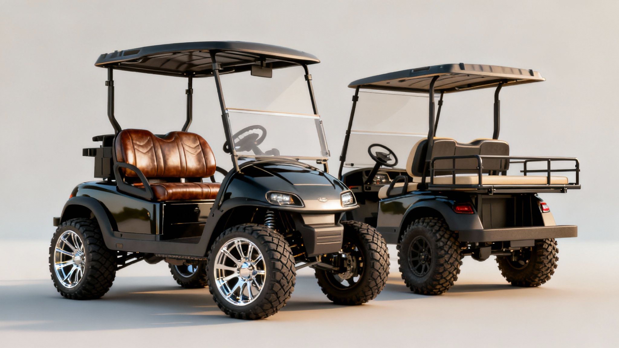A customized green and white golf cart parked on a paved driveway in front of a modern house.