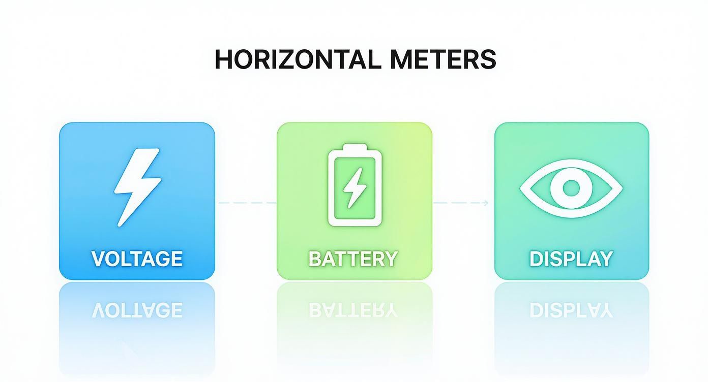 Three horizontal meters: voltage with a lightning bolt, battery with a battery icon, and display with an eye icon.